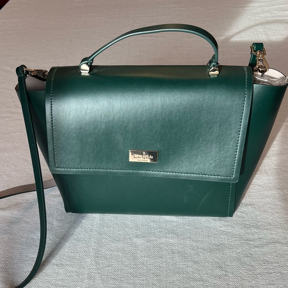 Kate Spade Dark Green Smooth Leather Top Handle Satchel w Crossbody Strap